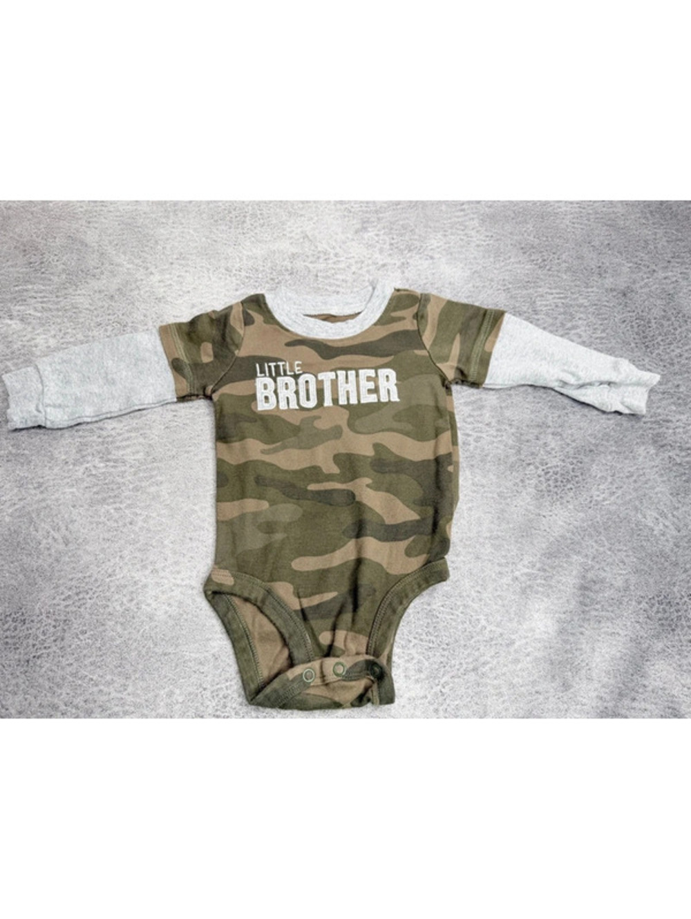 Carter’s Baby Little Brother Bodysuit 6 Months Camo Green Gray Long Sleeve
